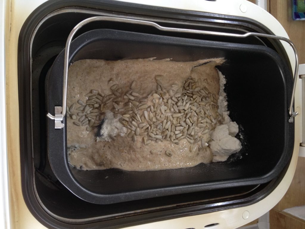 Bread machine filled with sourdough bread ingredients